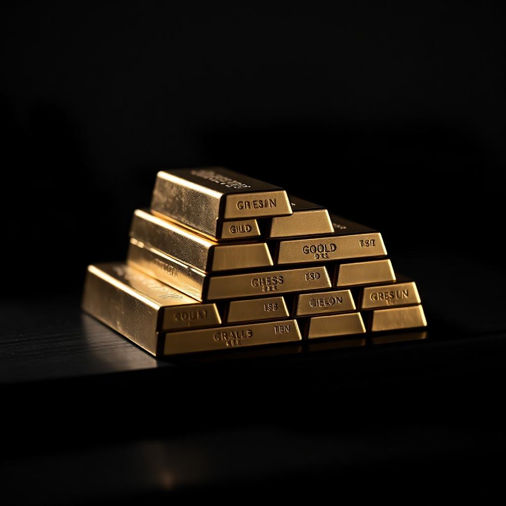 Gestapelte Goldbarren in dramatischem Licht