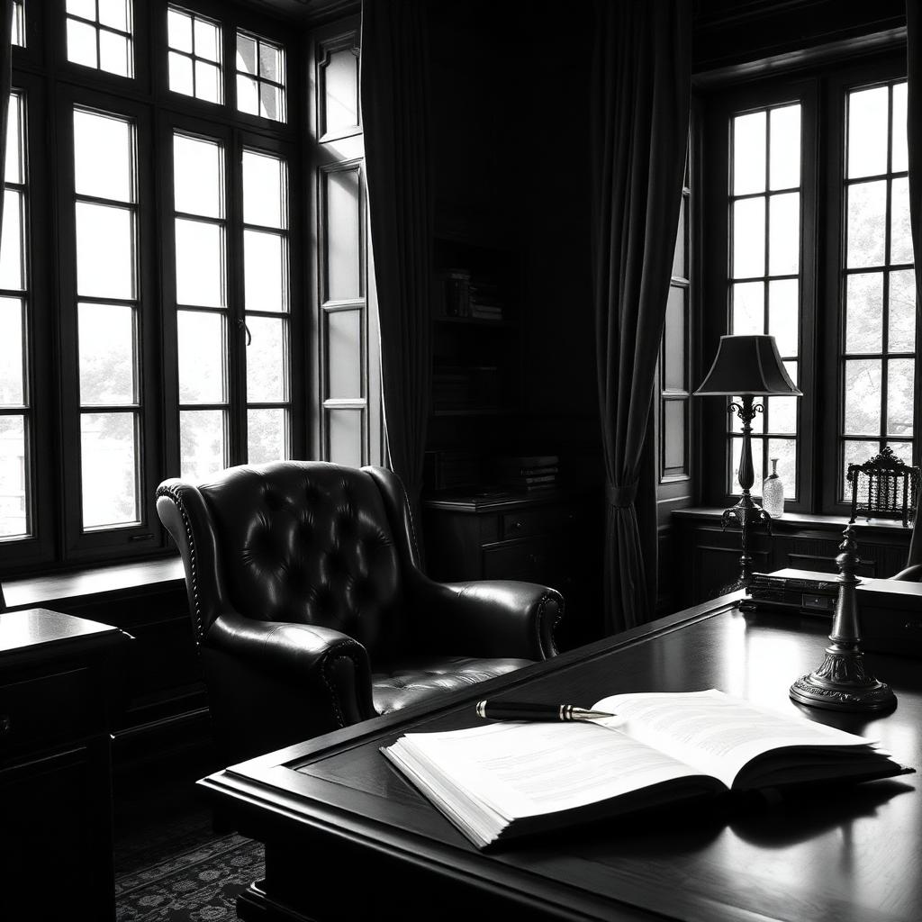 Elegantes Arbeitszimmer mit Ledersessel und Schreibtisch